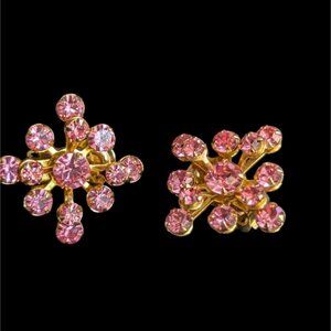 Vintage Gold-Tone Clip-On Earrings Pink Rhinestone Snowflake Design